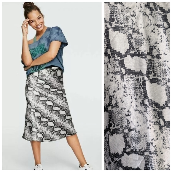 Snakeskin Satin Midi Skirt - Animal Print A-line NWT Size Small Black & White - Picture 1 of 7
